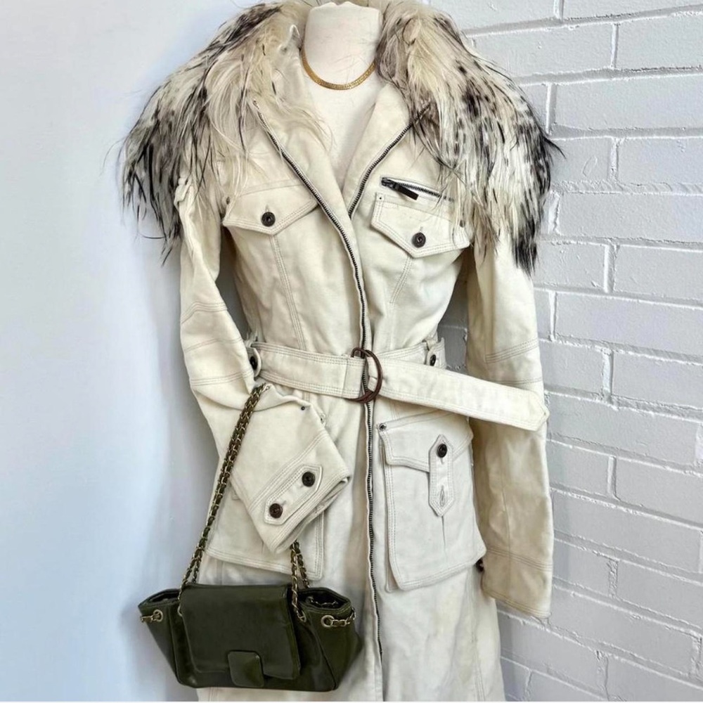 Moschino Cream Trench Coat with Fur Trim